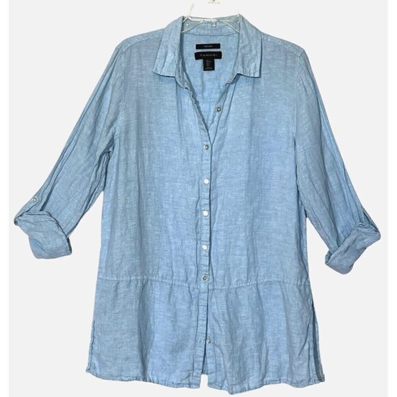 Tahari Light 100% Linen Light Blue Roll Tab Sleeve Button Long Tunic Shirt - Picture 1 of 8